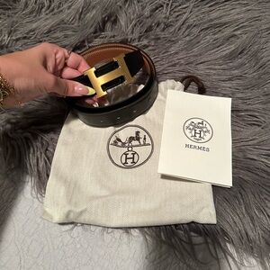Authentic Hermès Women’s H Buckle Belt 32mm Reversible Black Brown Gold
